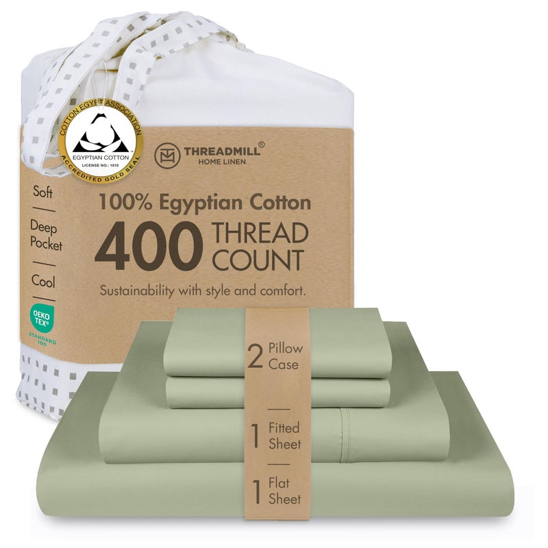 Threadmill Egyptian Cotton Sheet Set | 100% Certified Egyptian Cotton Sheets for Full Size Bed | Deep Pocket, Soft Sateen 4-Piece Cooling Bedding Set in Sage Green - Image 1